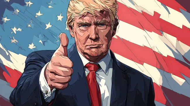 Donald Trump zeigt Daumen hoch vor amerikanischer Flagge