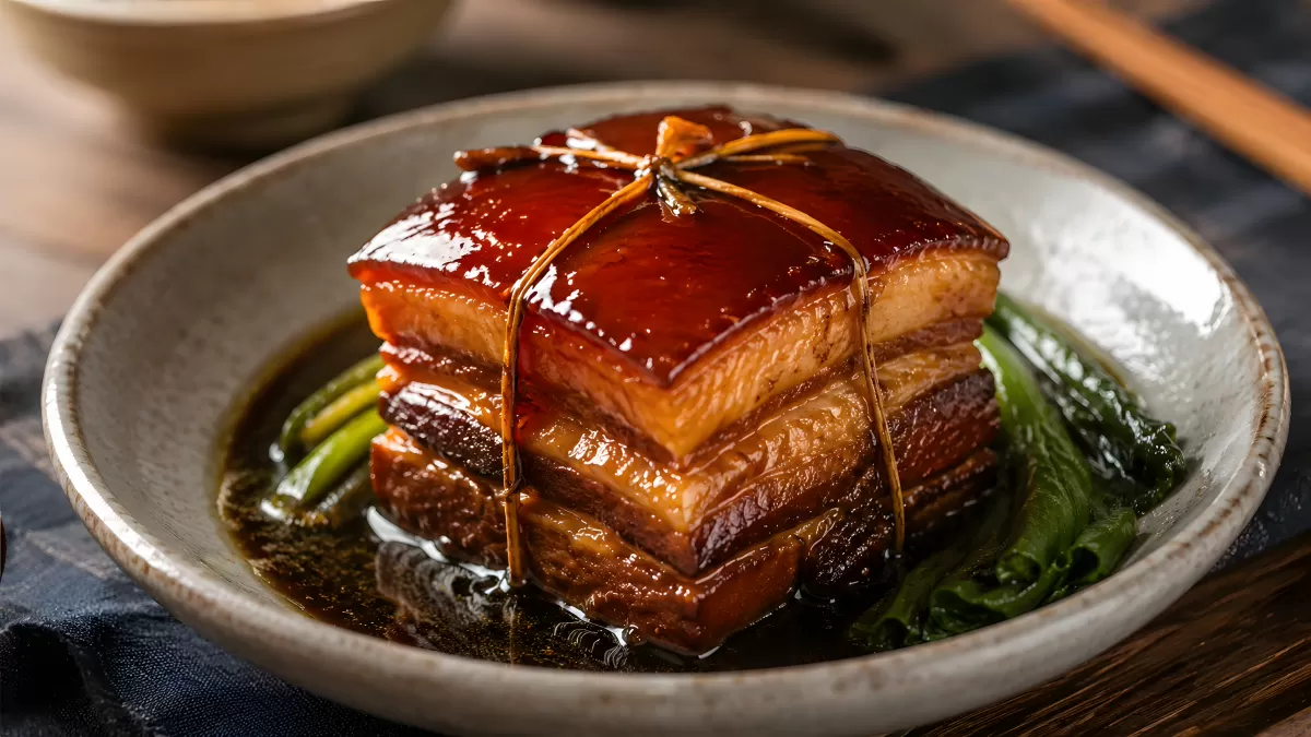 Dongpo-Schweinebauch mit Glasur auf Gemüsebett