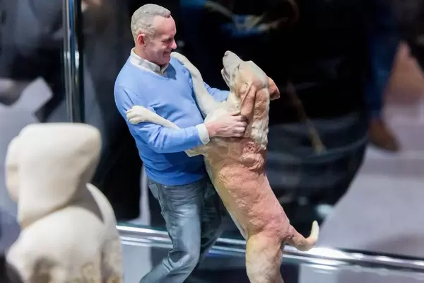 Doob 3D Figuren Ein Mann umarmt seinen Hund als lebensechte Figuren