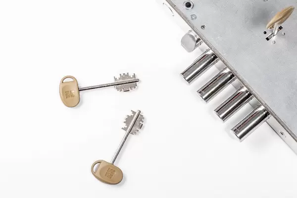 Door lock on white background with keys (Flip 2019)