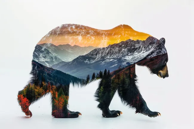 Doppelbelichtung mit Bergtieren und Landschaft