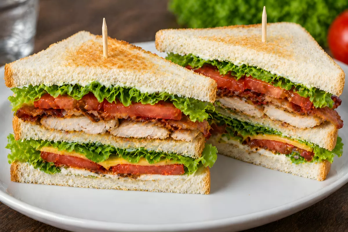 Doppeltes Club-Sandwich mit Hähnchen und Bacon