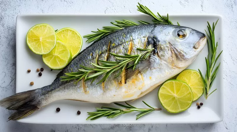 Dorade mit Limetten und Rosmarin auf weißem Teller angerichtet