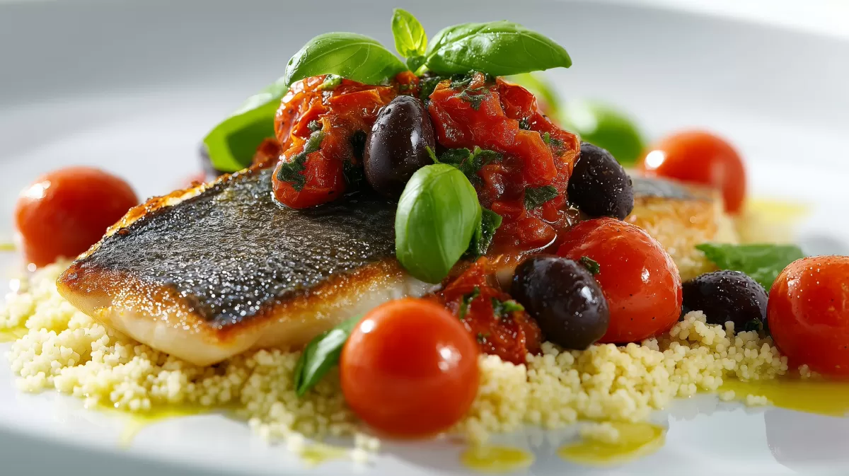 Doradenfilet auf Couscous mit Tomaten und Oliven