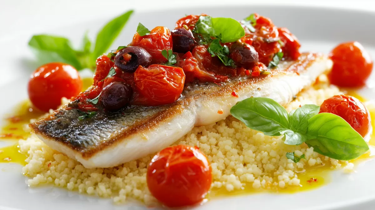 Doradenfilet mit Tomaten und Oliven auf Couscous