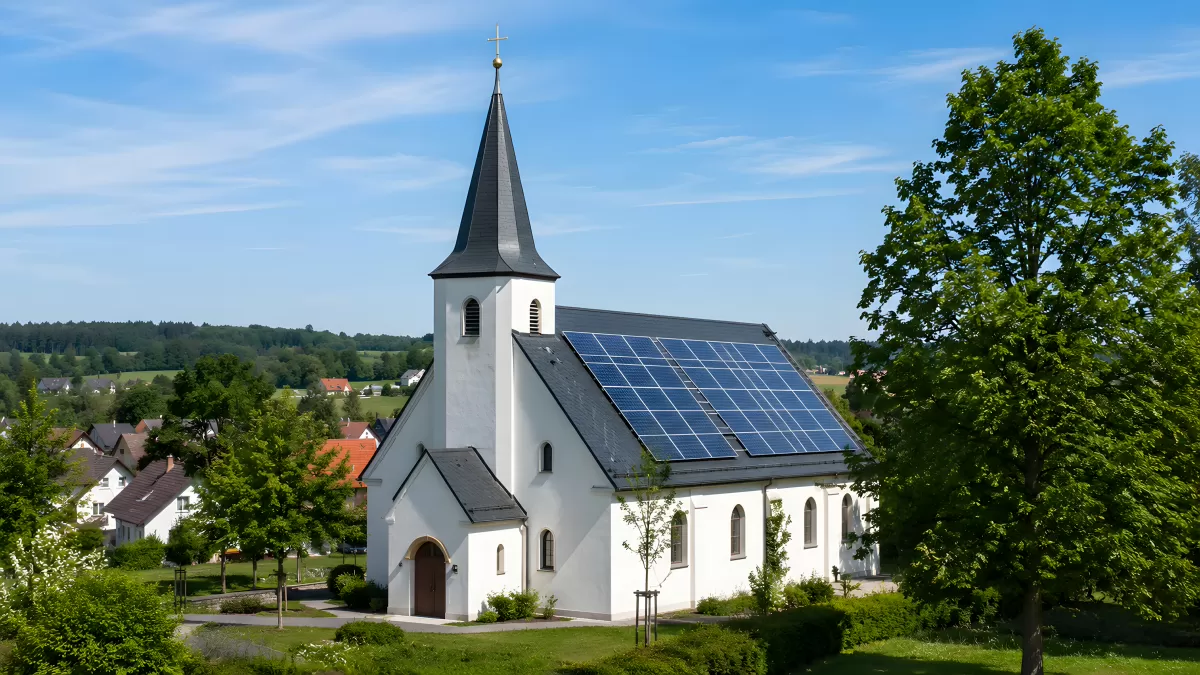 Dorfkirche mit Solaranlage auf dem Kirchendach