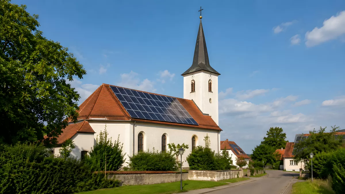 Dorfkirche mit Solaranlage auf rotem Ziegeldach