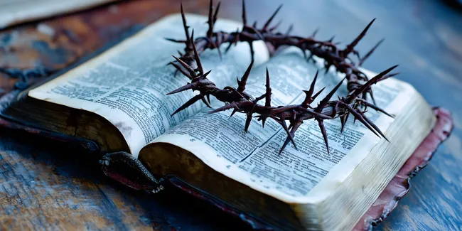 Dornenkrone auf aufgeschlagener Bibel als religiöses Symbol