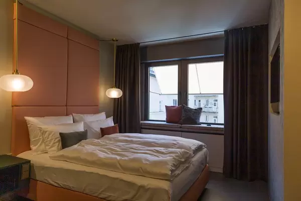 Double room of the unique Jams Music & Design Hotel with view to the inner courtyard  in Munich, Germany