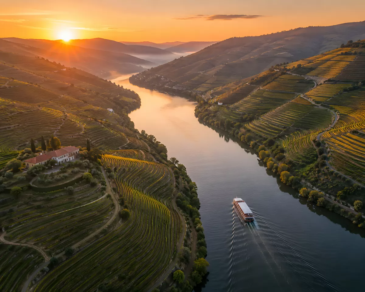 Douro-Tal bei Sonnenuntergang mit Weinbergterrassen