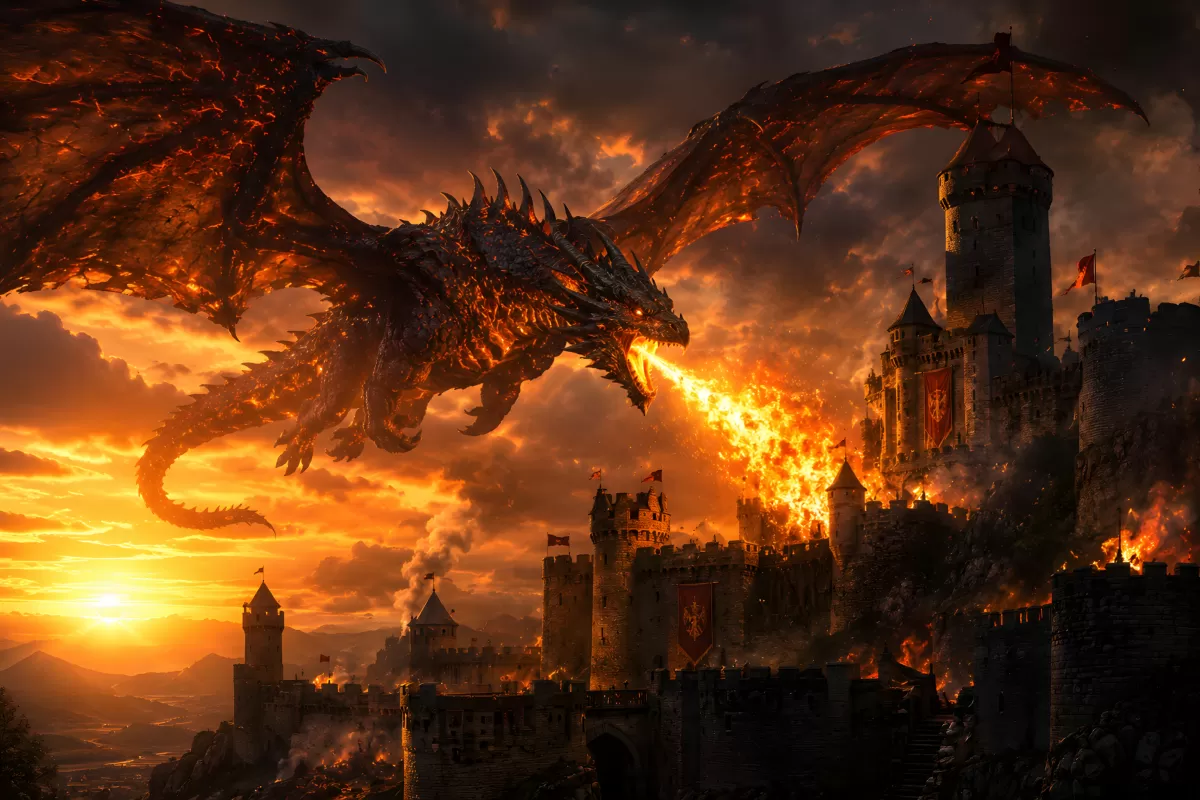 Drache greift brennende Burg bei Sonnenuntergang an
