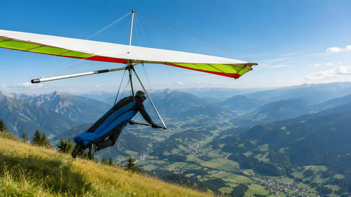 Drachenflieger startet vom Berggipfel in die Alpen