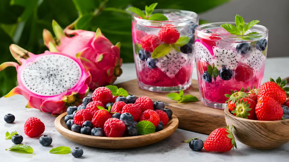 Drachenfrucht mit Beeren und sommerlichen Fruchtdrinks