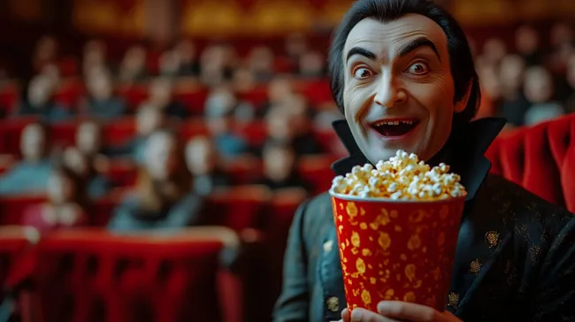 Dracula genießt Kinovorstellung mit Popcorn an Halloween