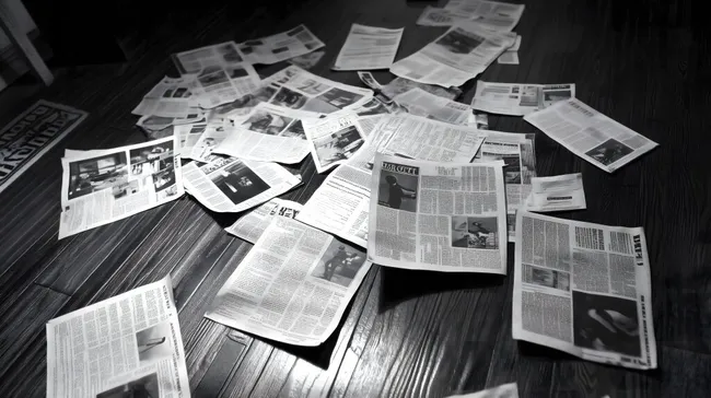 Dramatisch angeordnete Zeitungspapiere auf Holzboden
