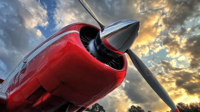 Dramatische Aufnahme eines roten Propellerflugzeugs bei Sonnenuntergang