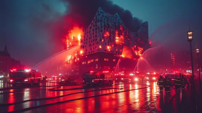 Dramatische Elbphilharmonie-Brandkatastrophe bei Nacht