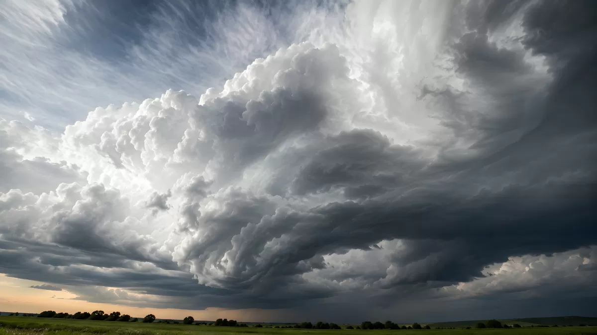 Dramatische Gewitterwolken über weiter Graslandschaft