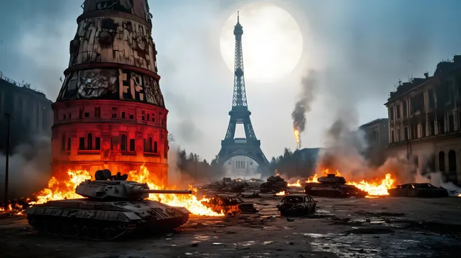 Dramatische Kriegsszene in Paris vor Eiffelturm
