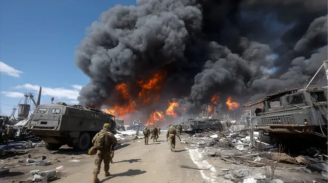 Dramatische Kriegsszenerie mit brennenden Militärfahrzeugen