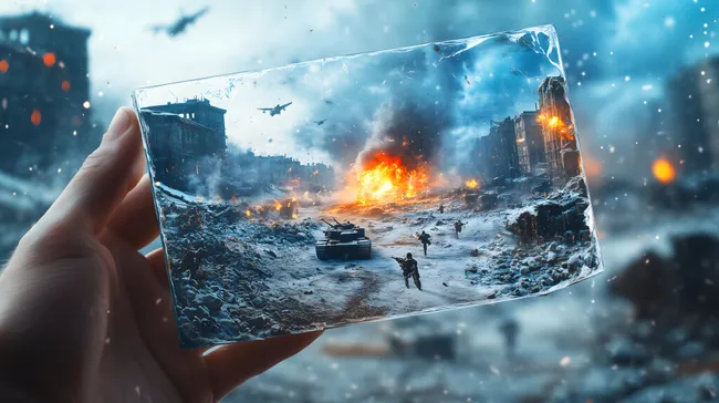 Dramatische Kriegsszenerie mit brennenden Panzern im Schneegestöber