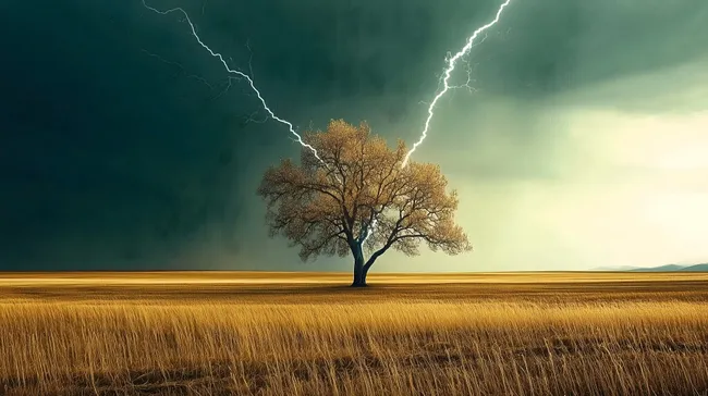 Dramatische Landschaft mit einzelnem Baum und Gewitterblitz