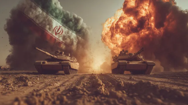 Dramatische Panzerebene mit Explosionen und iranischer Flagge