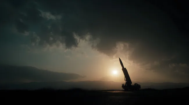 Dramatische Raketen-Silhouette bei Sonnenuntergang