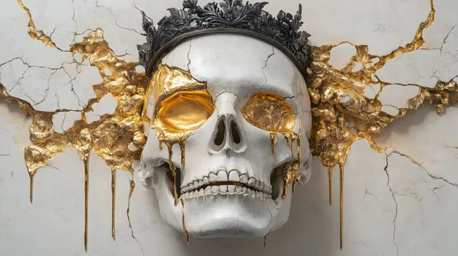 Dramatische Schädelkunst mit goldenem Verzierungen