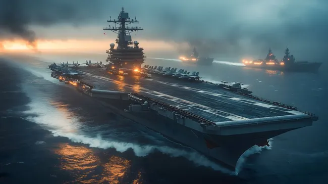 Dramatische Szene mit Flugzeugträgern bei Sonnenuntergang