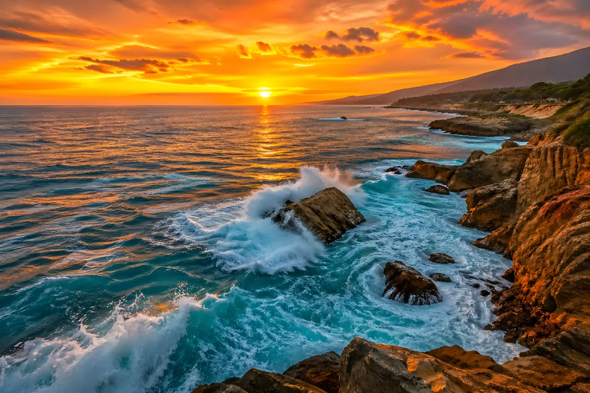 Dramatischer Sonnenuntergang an felsiger Meeresküste