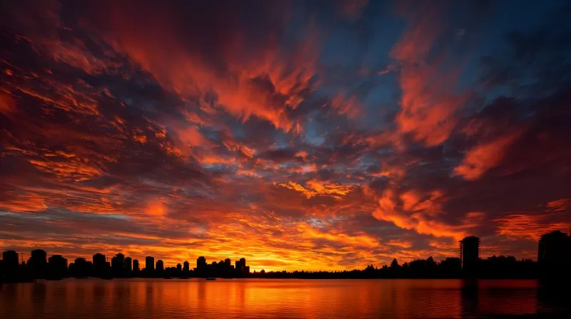 Dramatischer Sonnenuntergang mit Wolken über Skyline