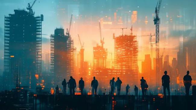 Dramatischer Sonnenuntergang über modernen Wolkenkratzerbaustellen