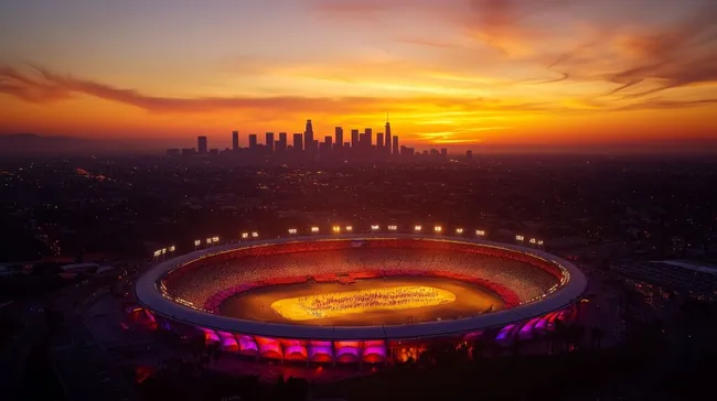 Dramatischer Sonnenuntergang über Stadion in Los Angeles