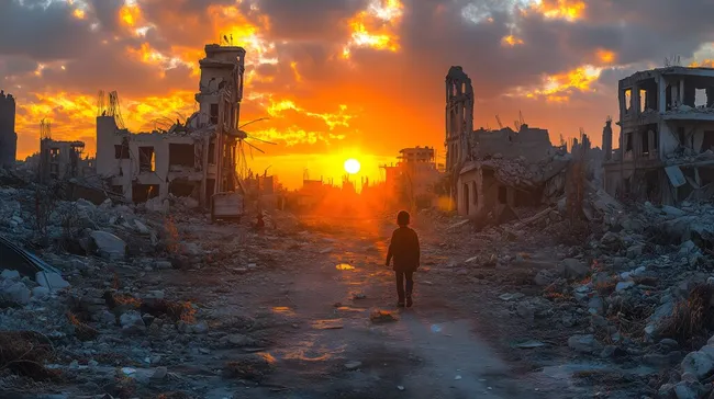 Dramatischer Sonnenuntergang über zerstörter syrischer Stadt