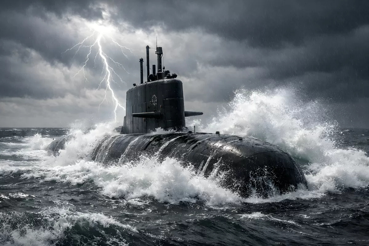 Dramatischer Sturm über U-Boot in stürmischer See