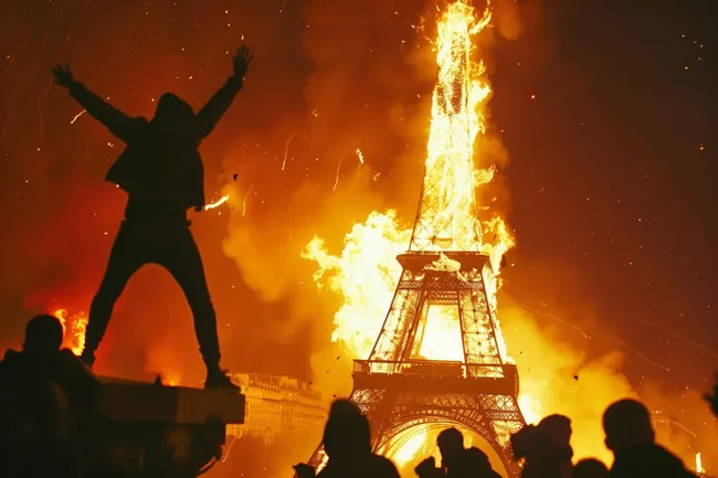 Dramatisches Feuer am Eiffelturm in Paris