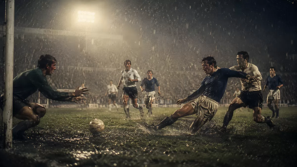 Dramatisches Fußballspiel im Regen bei Flutlicht