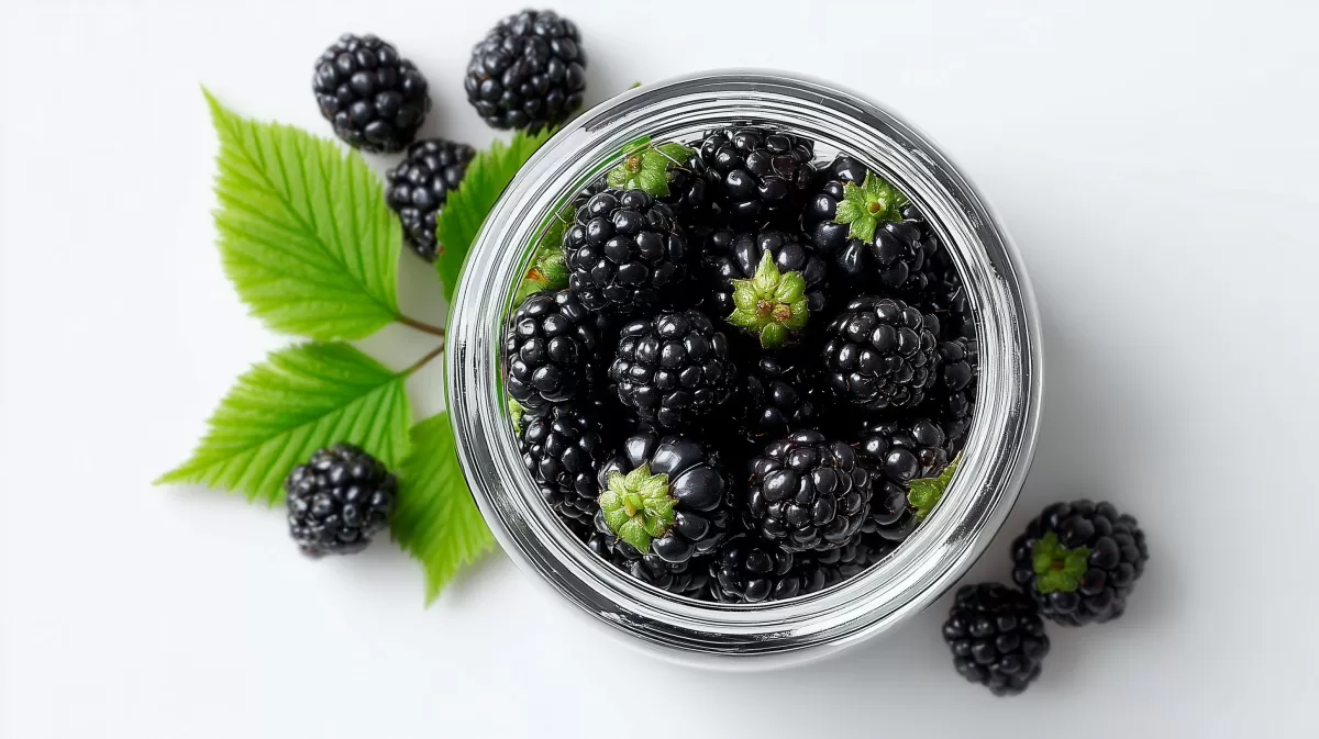 Draufsicht auf ein Glas voller frischer Brombeeren
