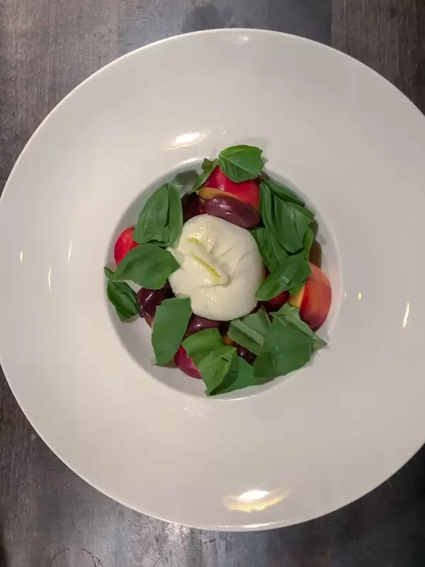 Draufsicht einer Burrata mit marinierten Tomaten, Pfirsich, Kalamata Oliven und Basilikum