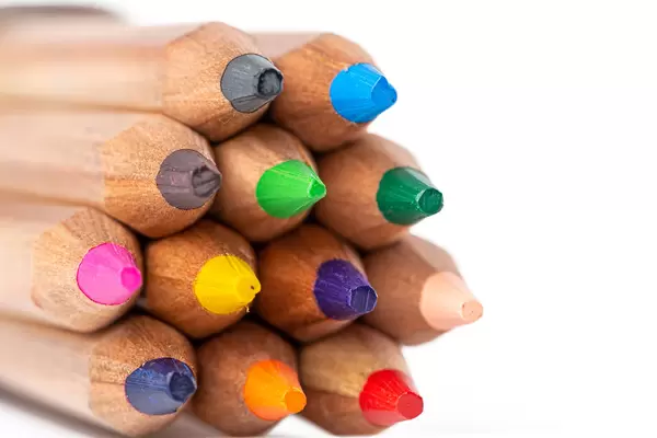 Drawing supplies: assorted color pencils, close up