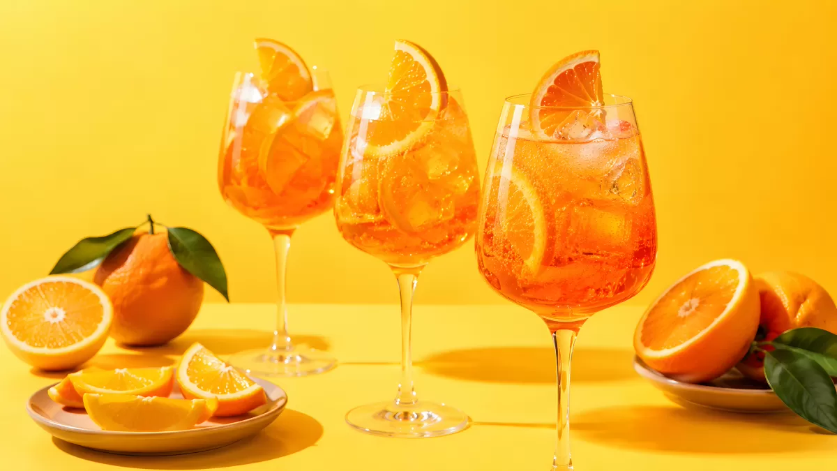 Drei Aperol Spritz mit Eiswürfeln und Orangenscheiben