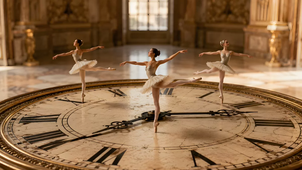 Drei Ballerinen tanzen auf einer riesigen Uhr