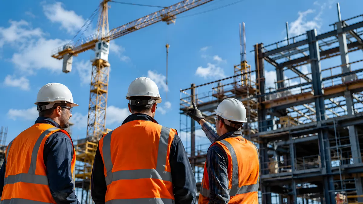 Drei Bauingenieure begutachten Rohbau mit Kran
