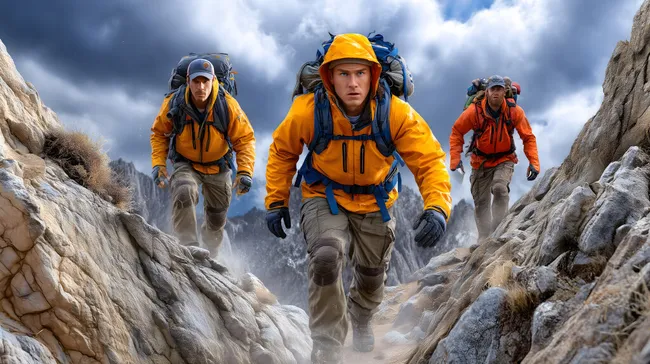 Drei Bergsteiger in leuchtend orangen Jacken auf steilem Pfad