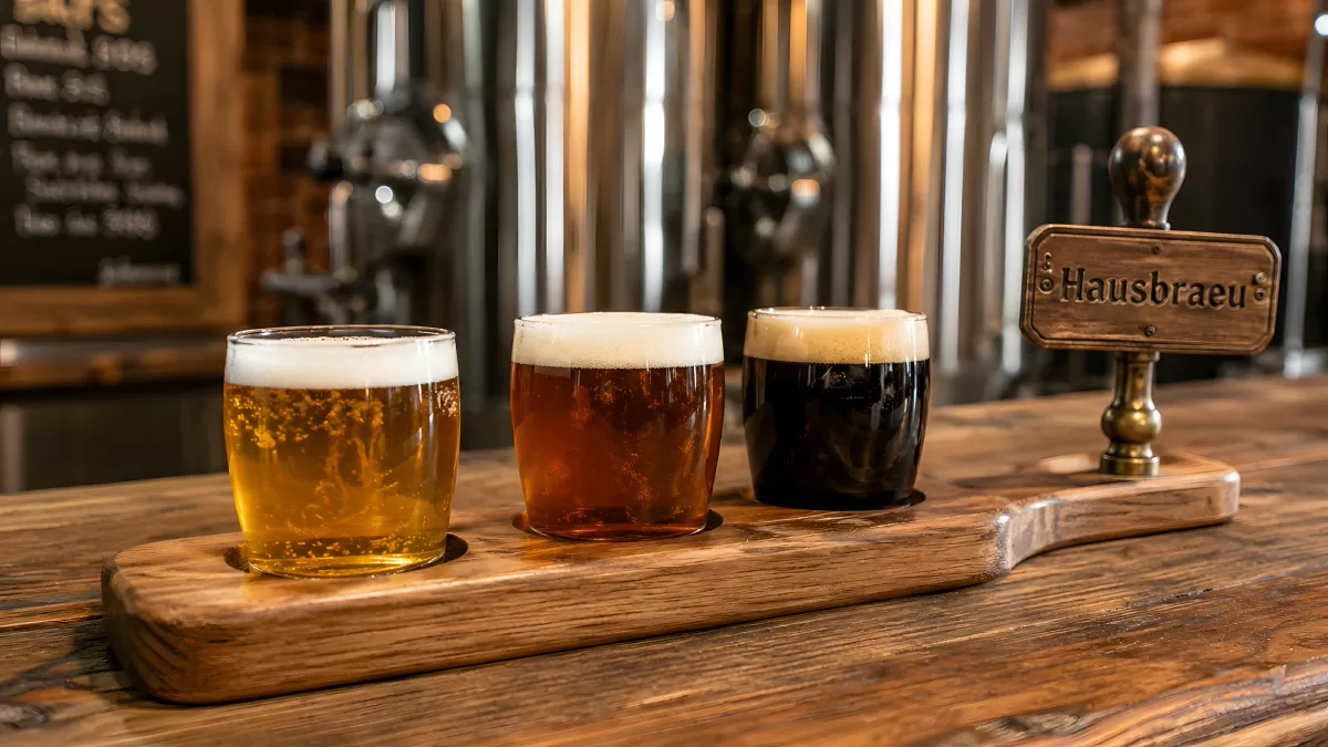 Drei Biersorten auf Holzbrett in einer Brauerei