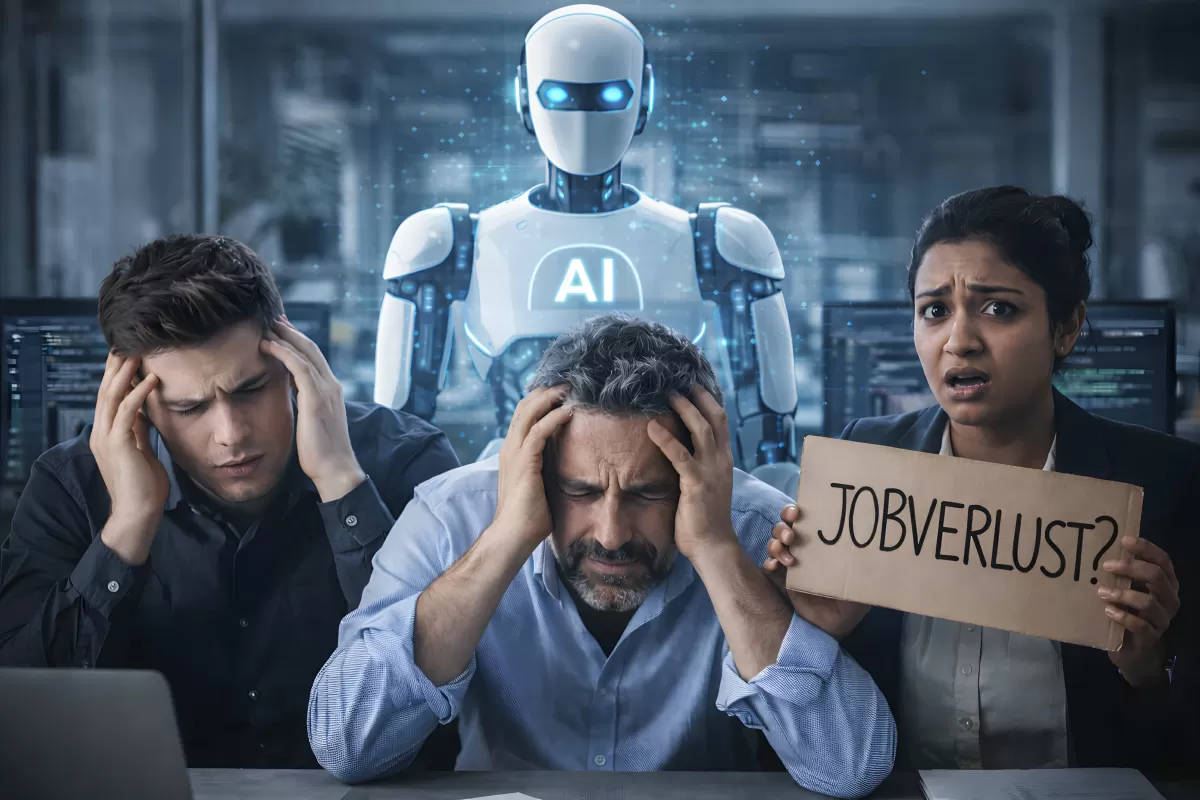 Drei Büroangestellte in Sorge vor KI-Jobverlust