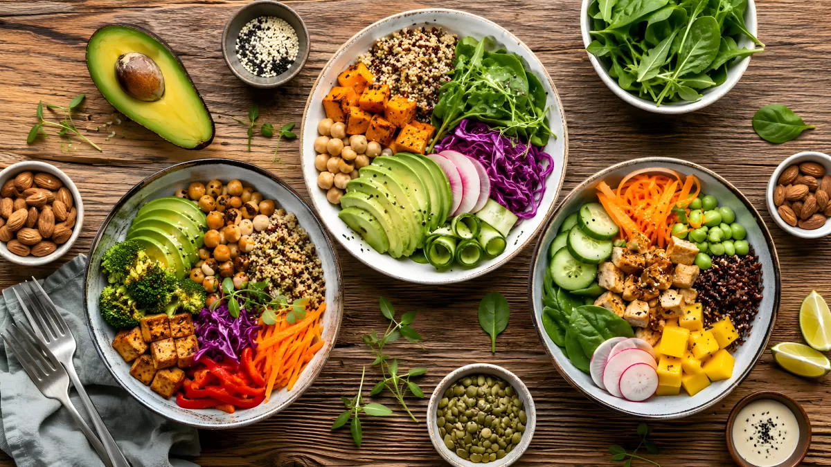 Drei bunte Buddha Bowls mit Avocado und Tofu