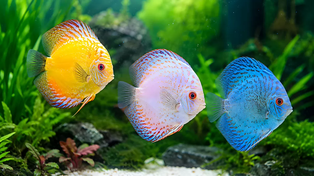 Drei bunte Diskusfische im bepflanzten Aquarium