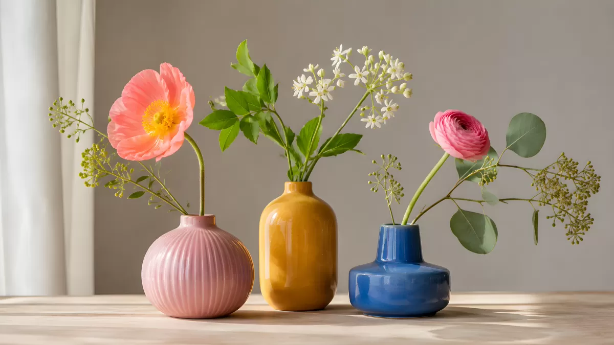 Drei bunte Keramikvasen mit Frühlingsblumen auf Holztisch